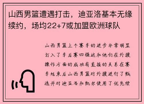 山西男篮遭遇打击，迪亚洛基本无缘续约，场均22+7或加盟欧洲球队