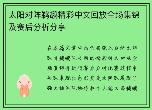 太阳对阵鹈鹕精彩中文回放全场集锦及赛后分析分享
